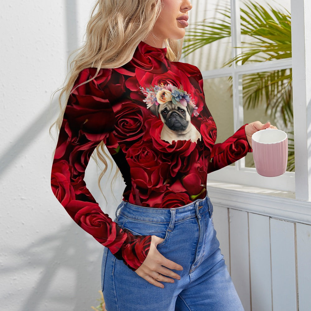 Women's Turtleneck Long Sleeve Bodysuit PUG OF ROSES