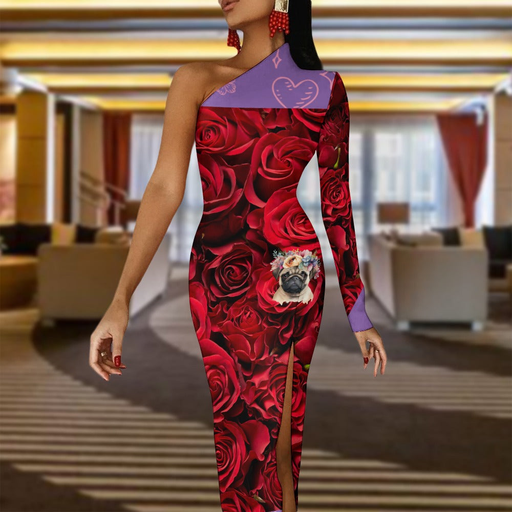 A PUG OF ROSES WITH PURPLE Half Sleeve Slit Dress