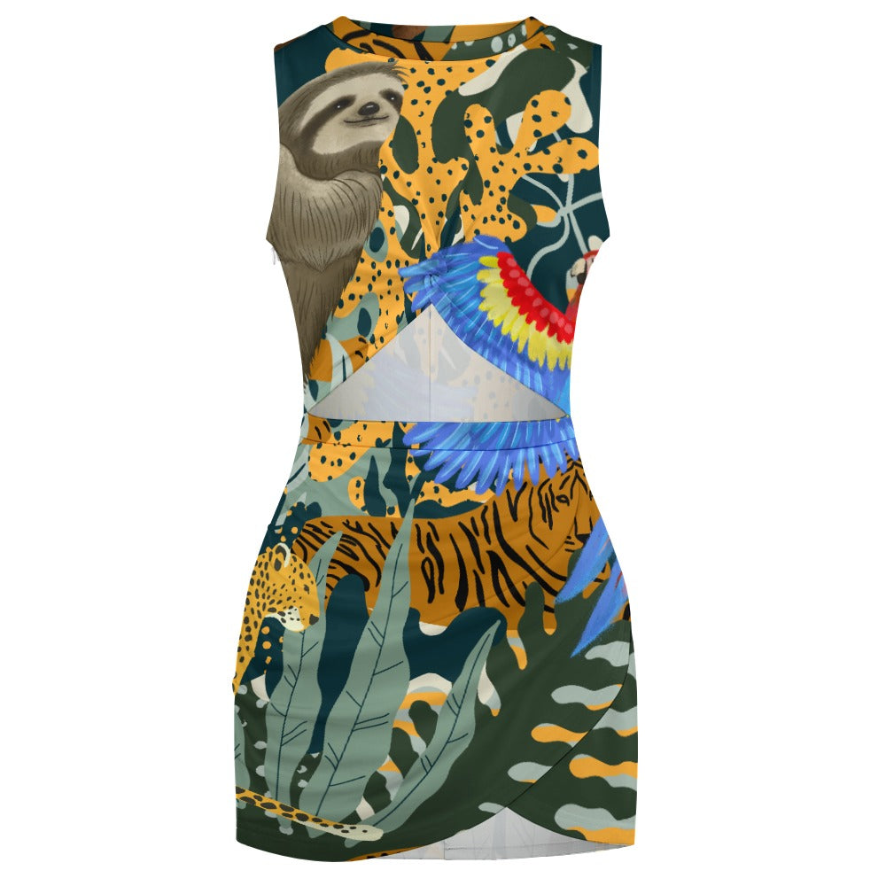 Into the Jungle. Tigers, parrots and a sloth. Navel-Baring Cross-Fit Hip Skirt