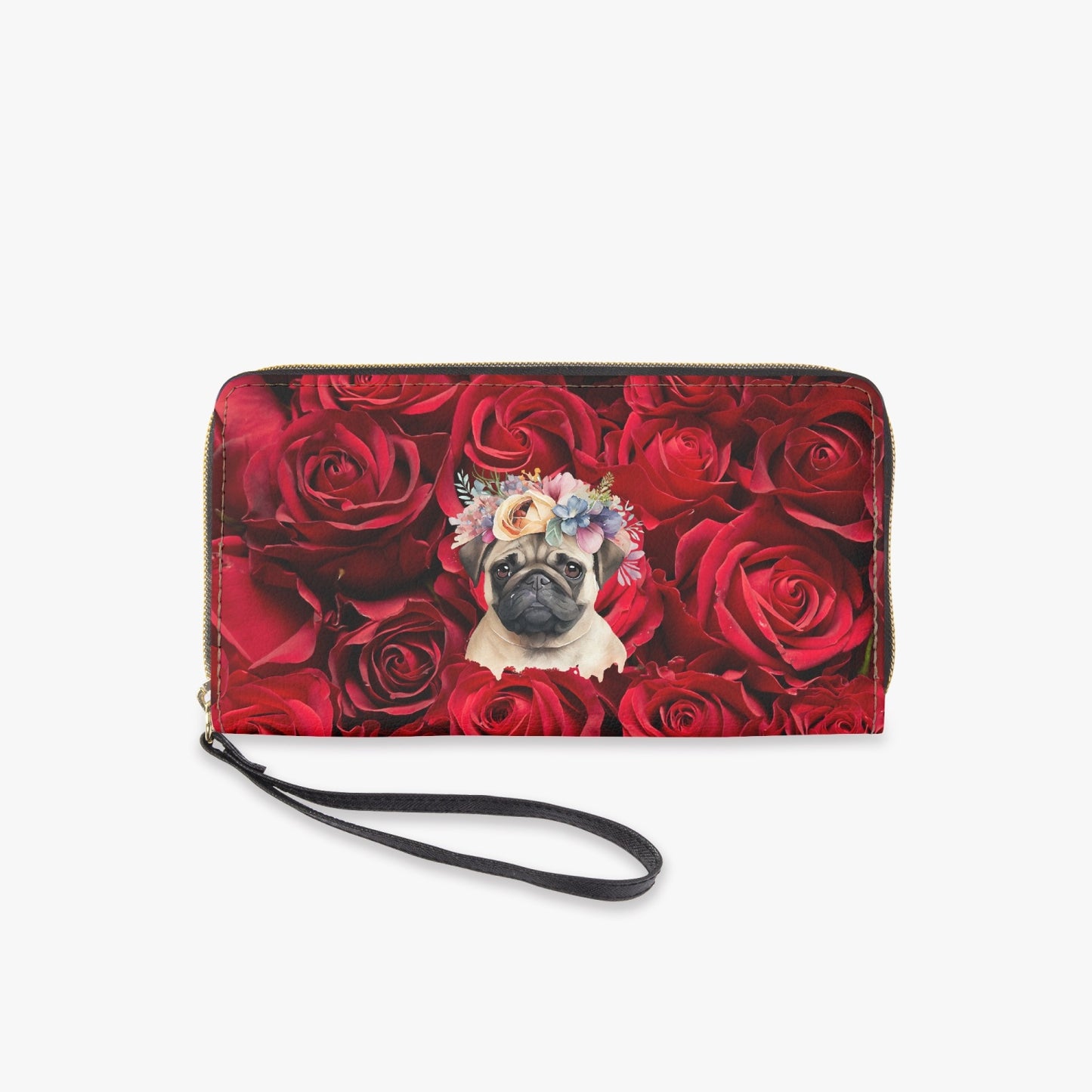 A PUG OF ROSES . PU Leather Wristlet Clutch Wallet