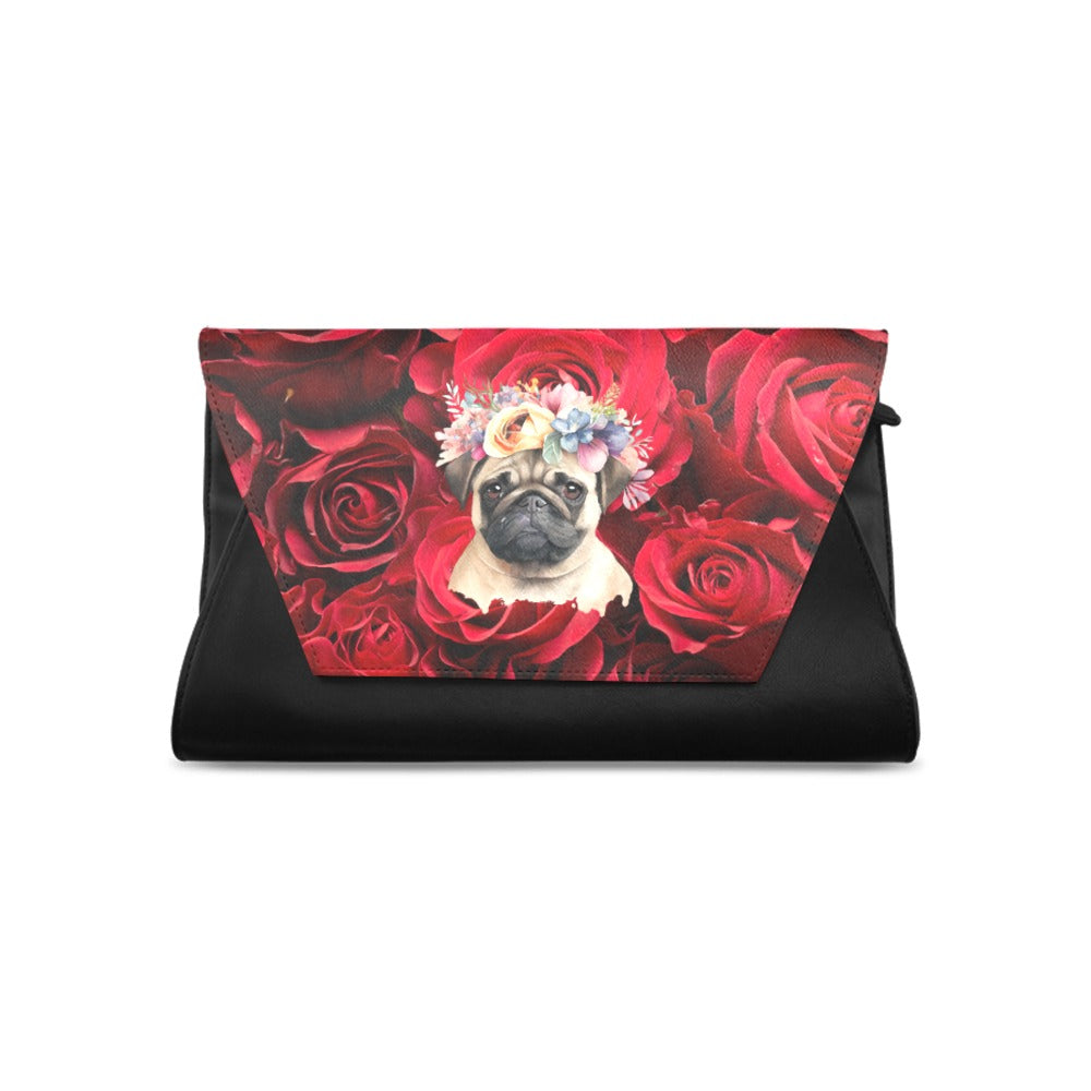 Paws & Roses: A Clutch Bag Fit for a Royal Pug, Adorned with Delicate Floral Embellishments