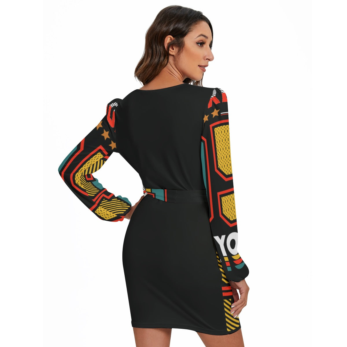 All-Over Print Women's Long Sleeve Dress With Waist Belt
