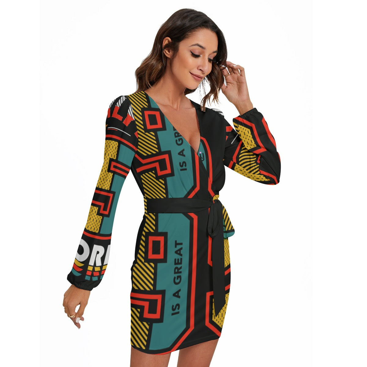 All-Over Print Women's Long Sleeve Dress With Waist Belt