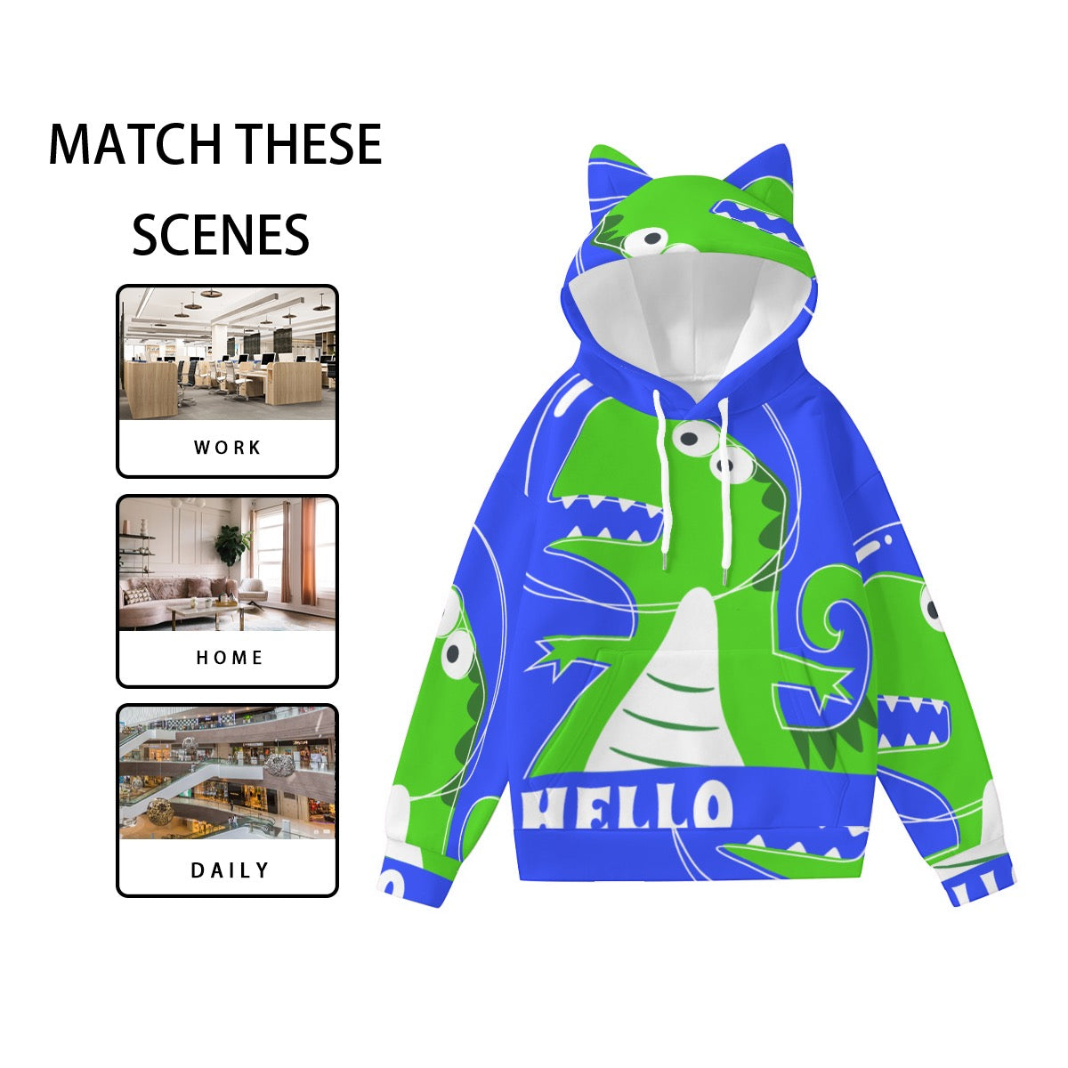 GREEN DINO | All-Over Print Women’s Hoodie With Decorative Ears