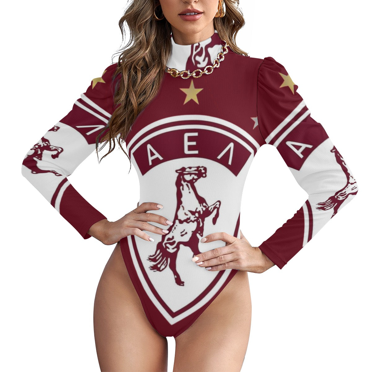 AELOLE All-Over Women's Turtleneck Bodysuit With Puff Sleeve