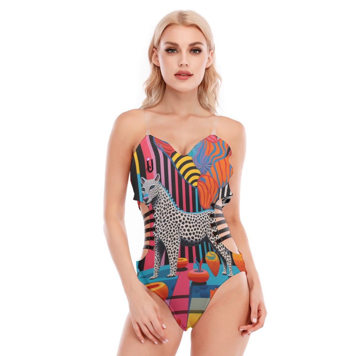All-Over Print Women's Tube Top Bodysuit With Side Black Straps