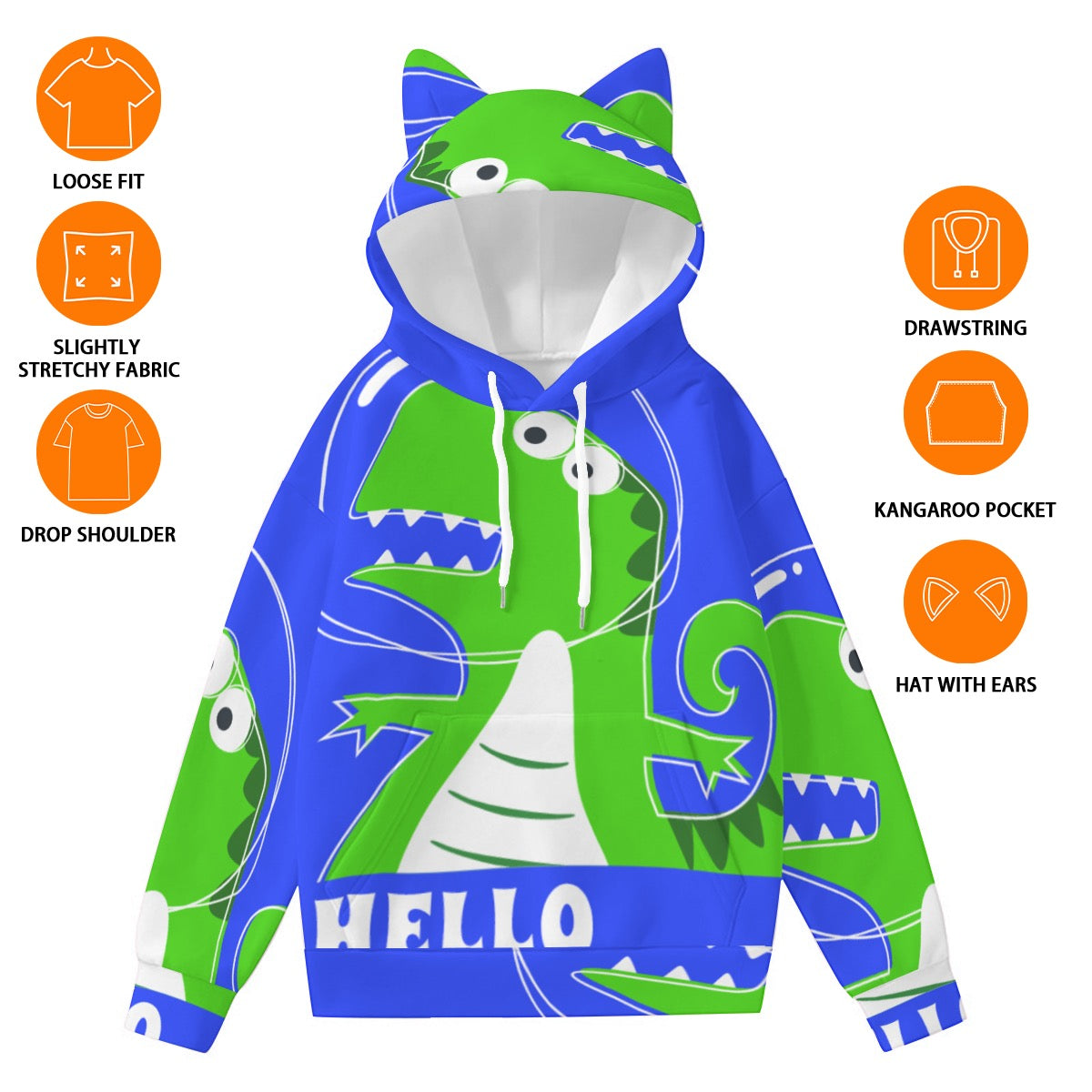 GREEN DINO | All-Over Print Women’s Hoodie With Decorative Ears
