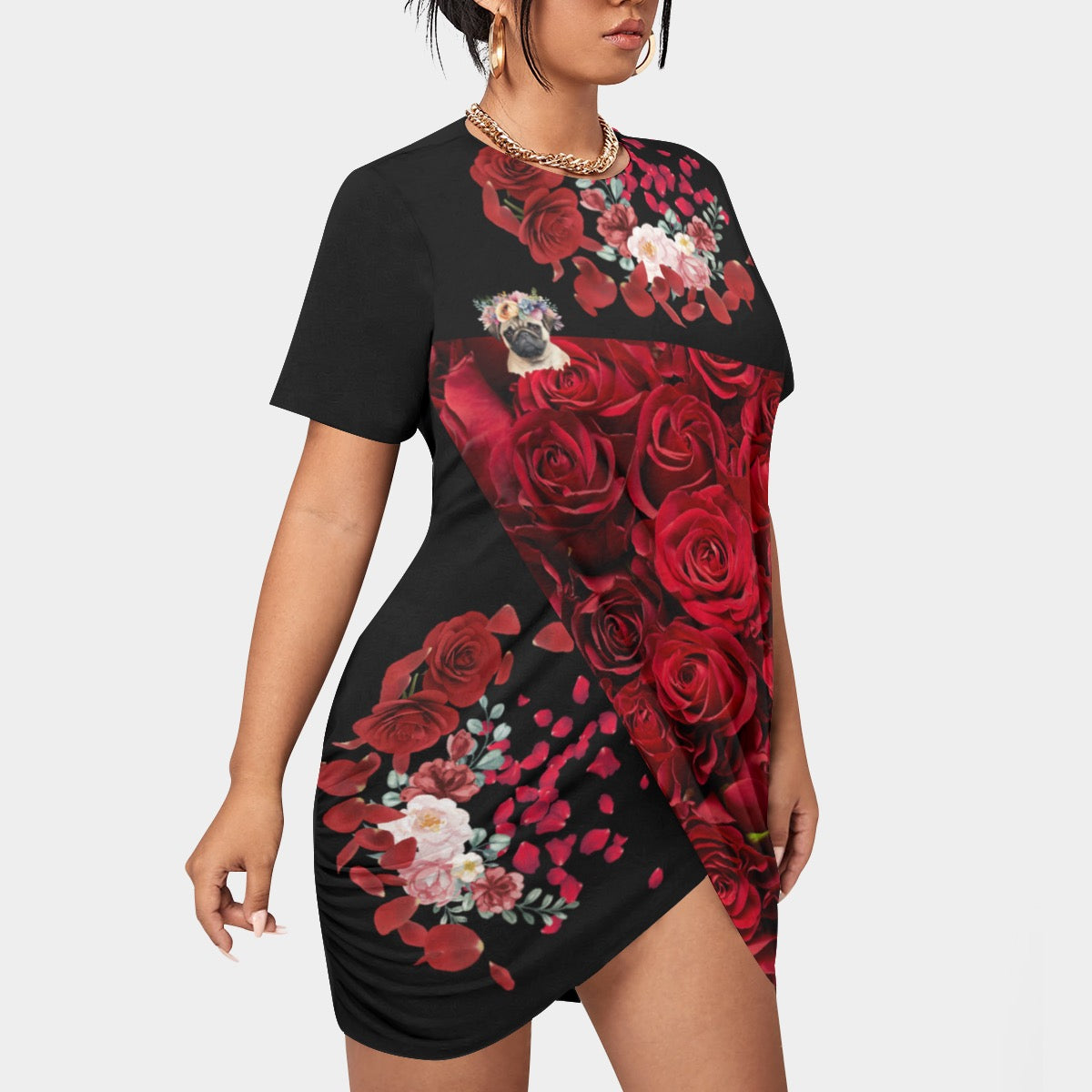 PUG IN ROSES // All-Over Print Women’s Stacked Hem Dress With Short Sleeve(Plus Size)