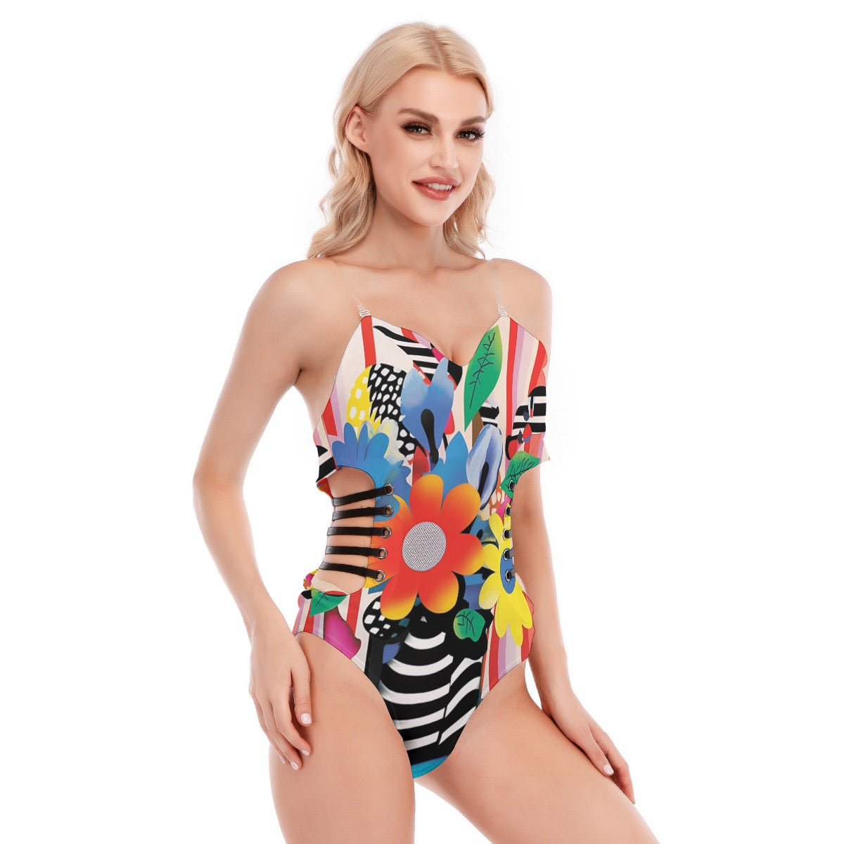 All-Over Print Women's Tube Top Bodysuit With Side Black Straps