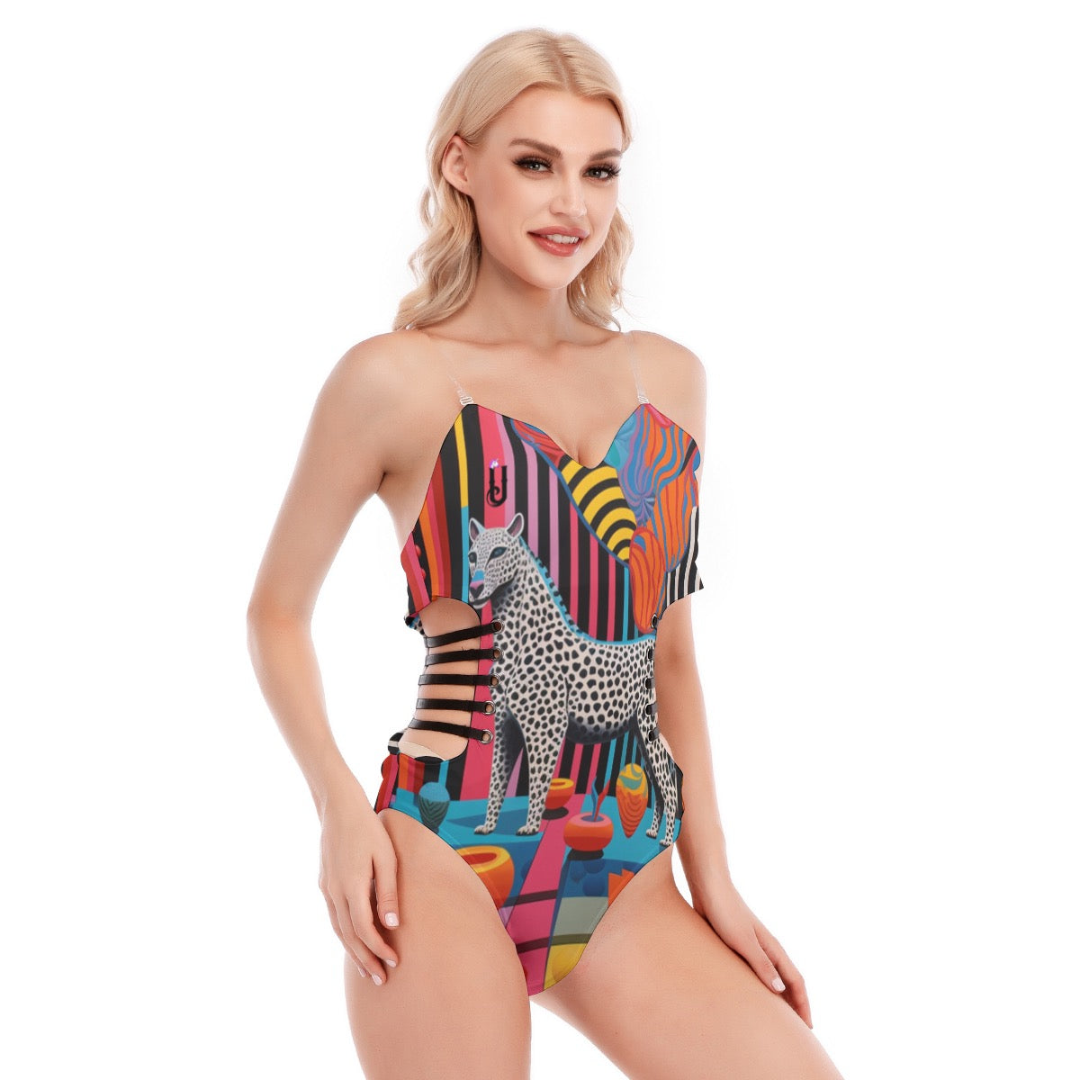 All-Over Print Women's Tube Top Bodysuit With Side Black Straps