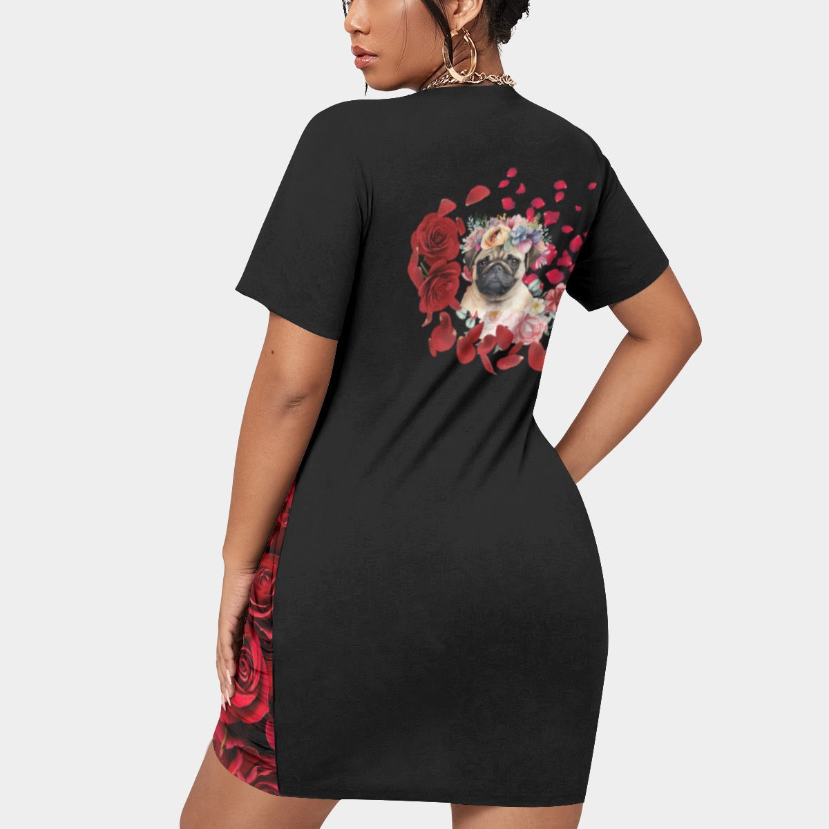 PUG IN ROSES // All-Over Print Women’s Stacked Hem Dress With Short Sleeve(Plus Size)