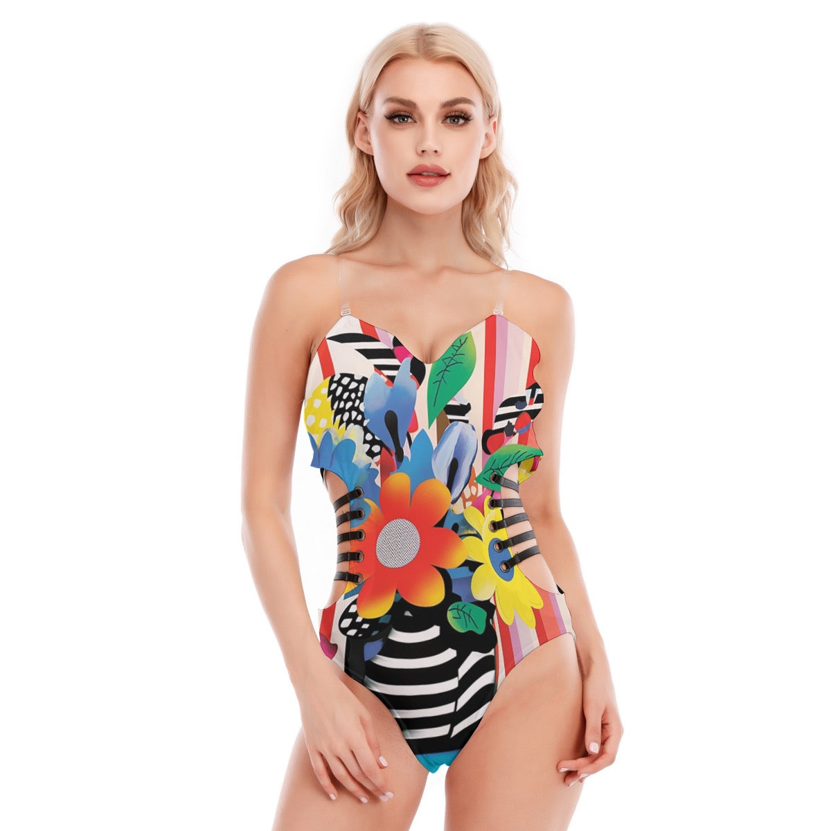 All-Over Print Women's Tube Top Bodysuit With Side Black Straps