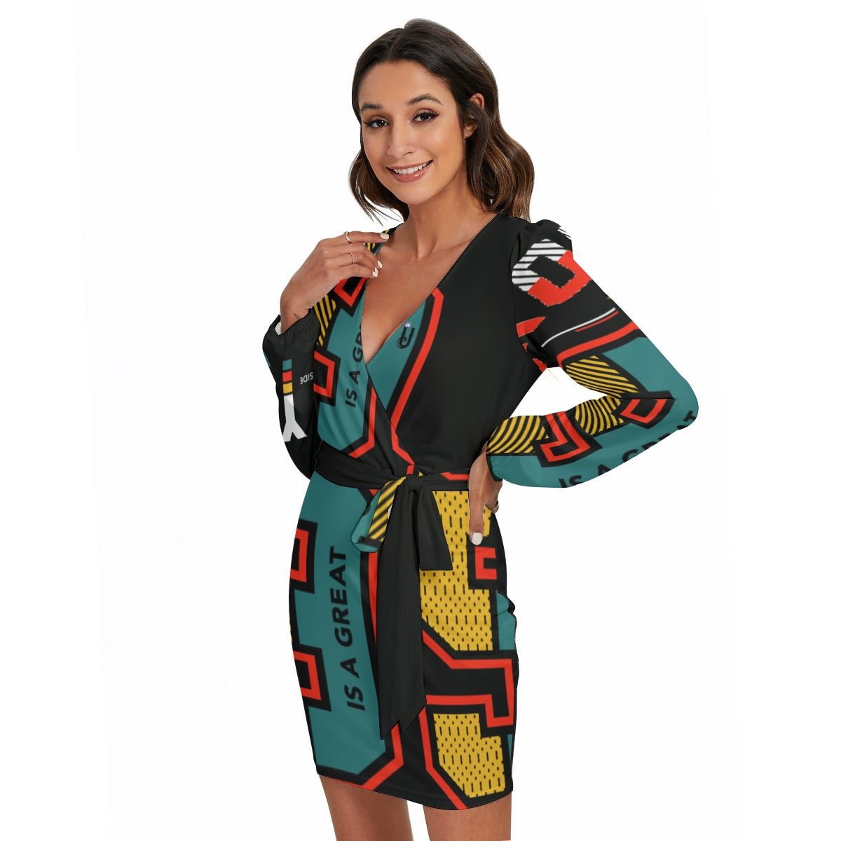 All-Over Print Women's Long Sleeve Dress With Waist Belt