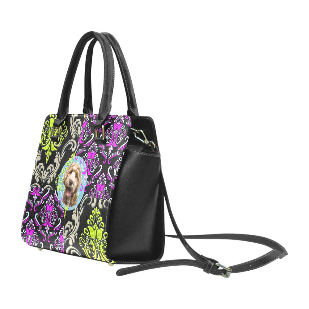 Vintage Chic: 'Petite Poodle' Bag with Colorful Floral Accents. Rivet Shoulder Handbag
