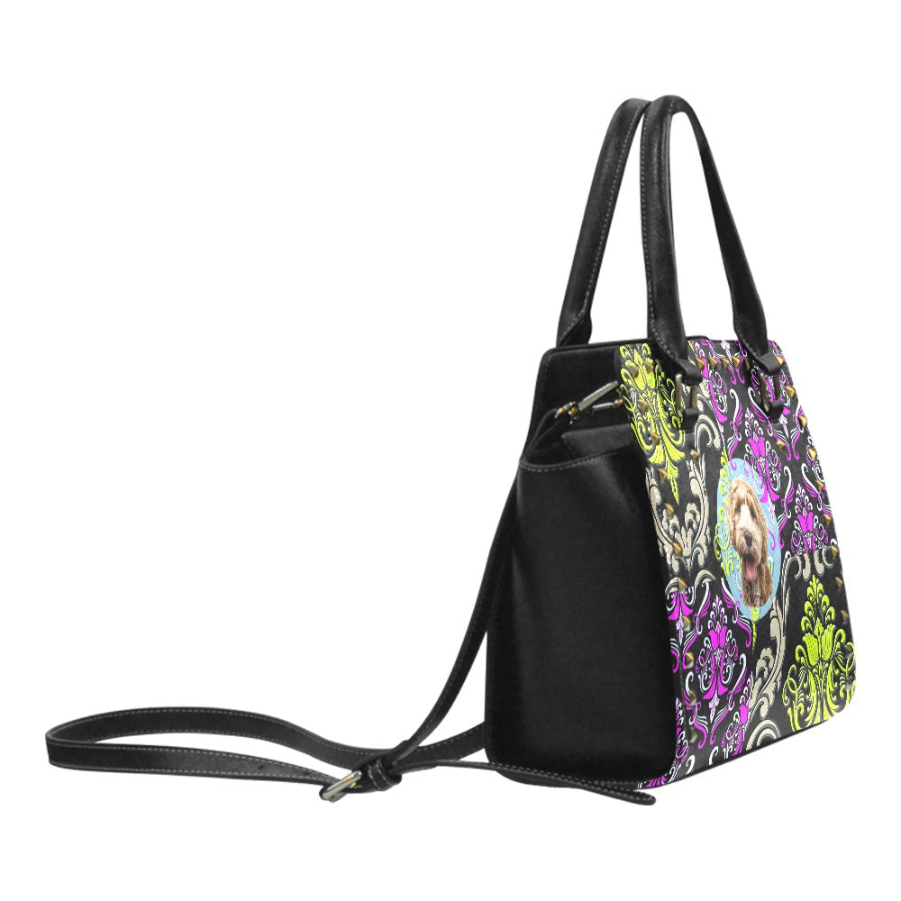 Vintage Chic: 'Petite Poodle' Bag with Colorful Floral Accents. Rivet Shoulder Handbag
