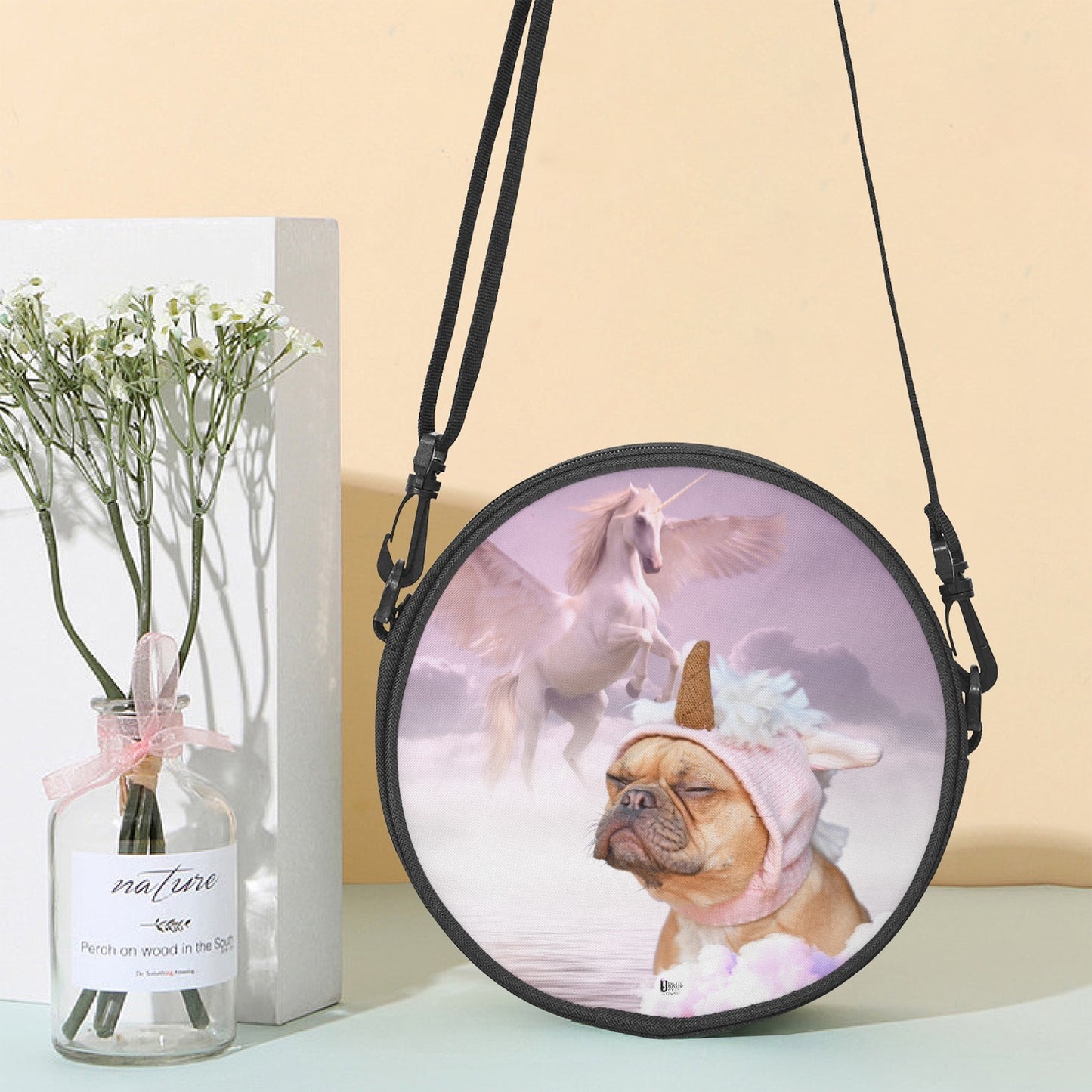 Dog and Unicorn dreaming - Round Satchel Bag