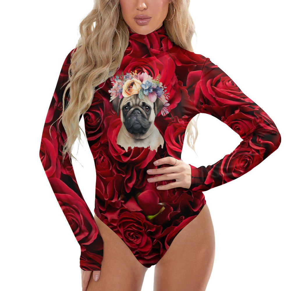 Women's Turtleneck Long Sleeve Bodysuit PUG OF ROSES