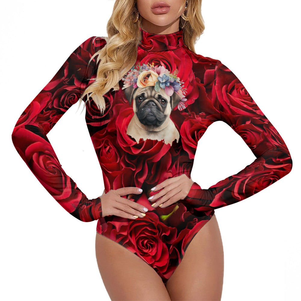 Women's Turtleneck Long Sleeve Bodysuit PUG OF ROSES