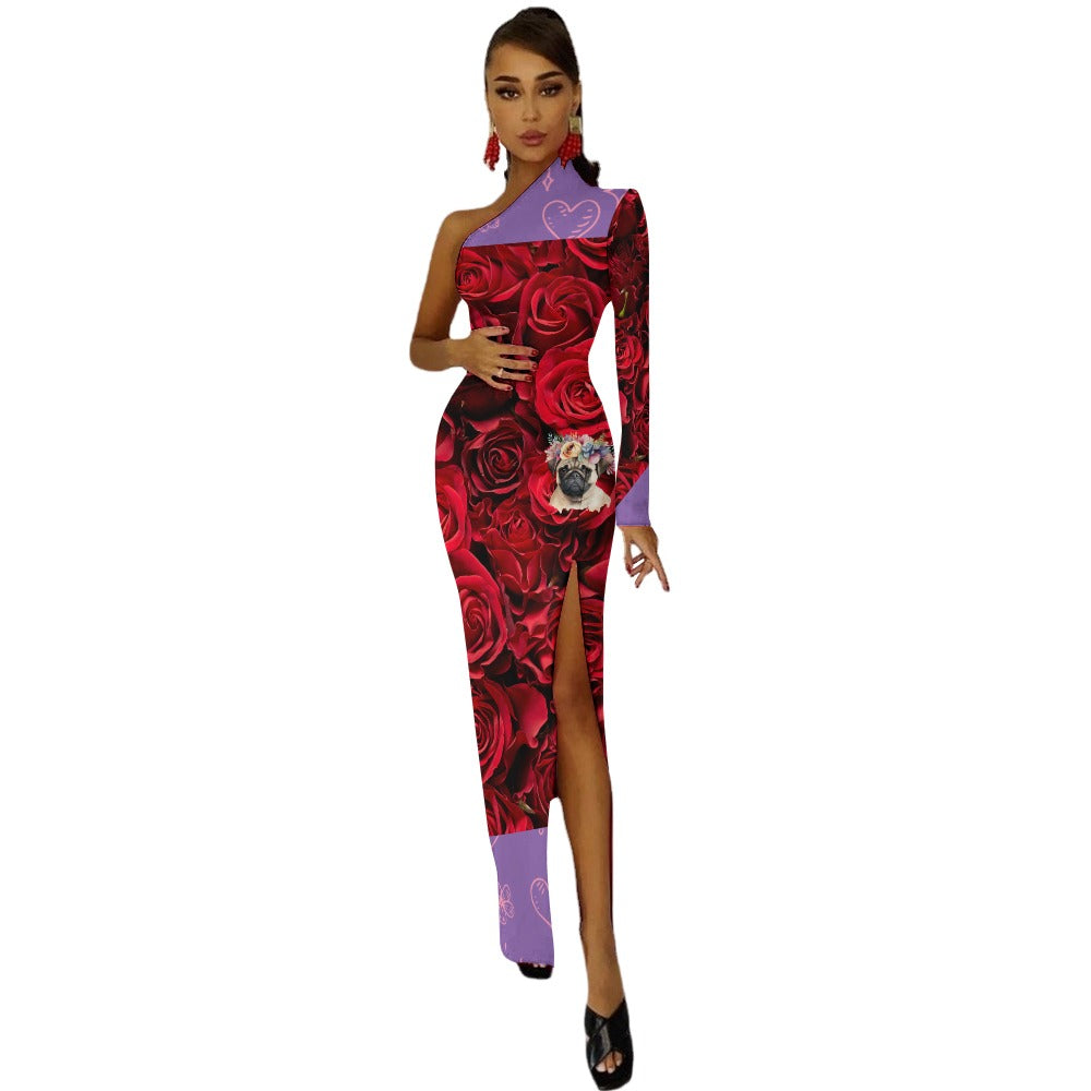 A PUG OF ROSES WITH PURPLE Half Sleeve Slit Dress