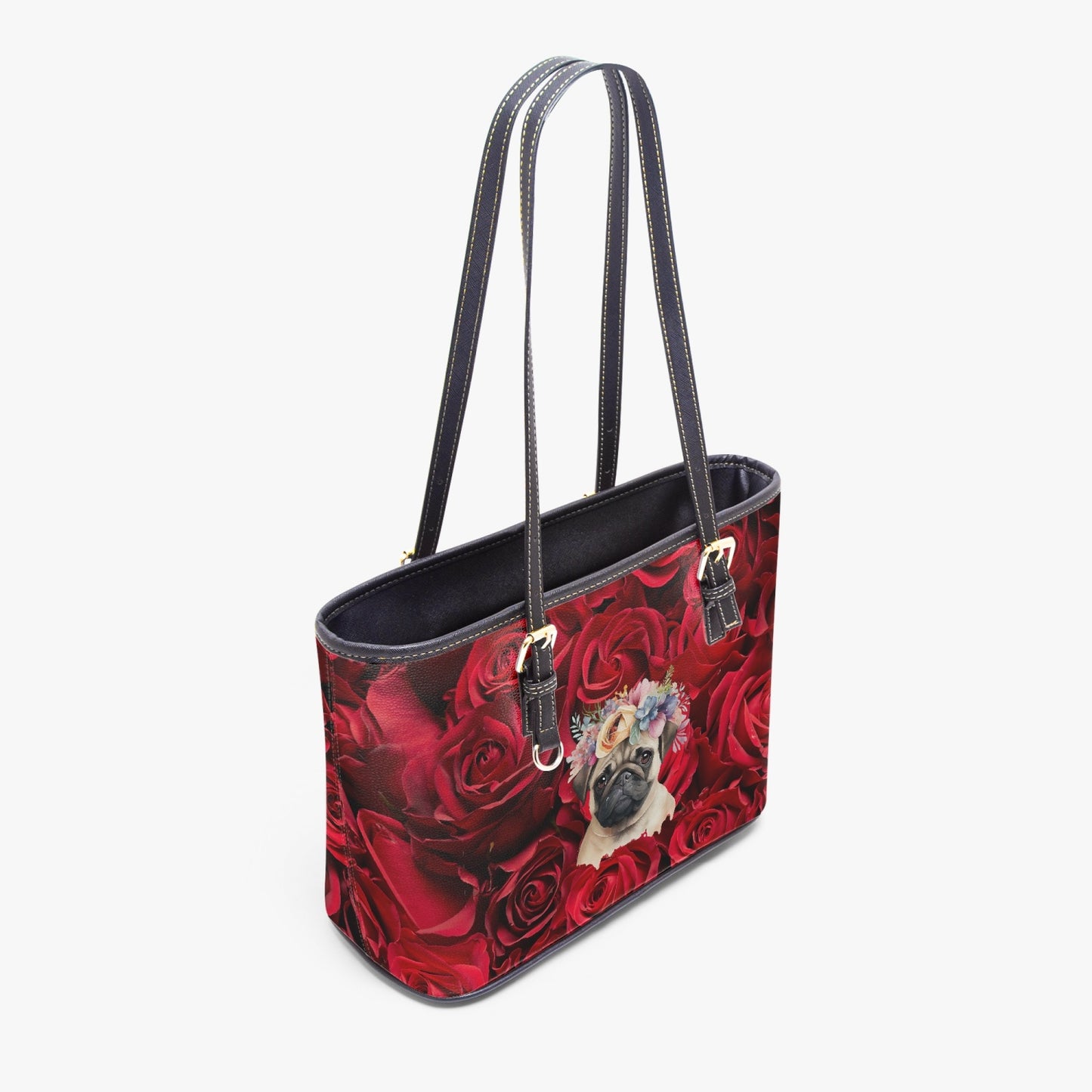 A PUG OF ROSES. Large Leather Tote Bag for Women