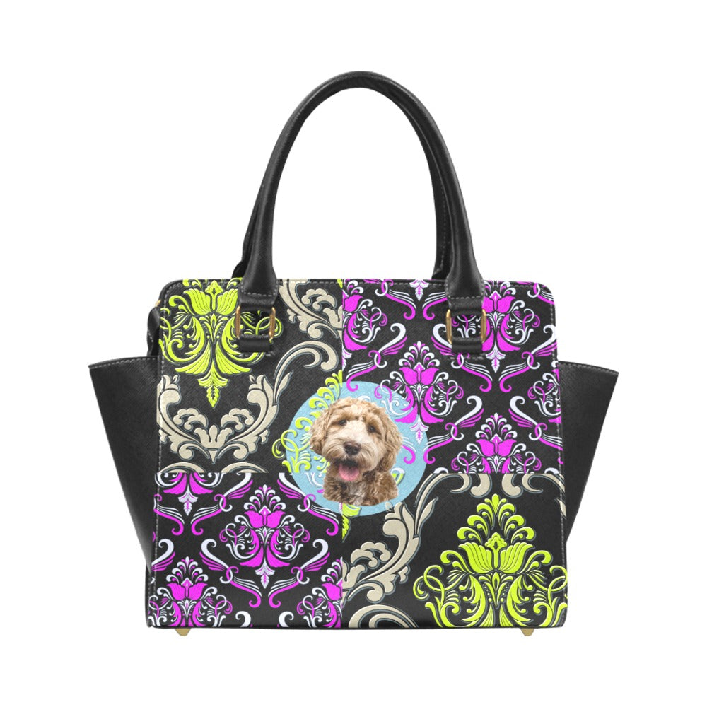 Vintage Chic: 'Petite Poodle' Bag with Colorful Floral Accents. Rivet Shoulder Handbag