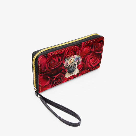 A PUG OF ROSES . PU Leather Wristlet Clutch Wallet