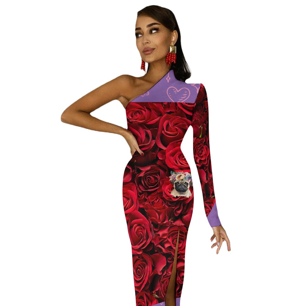 A PUG OF ROSES WITH PURPLE Half Sleeve Slit Dress