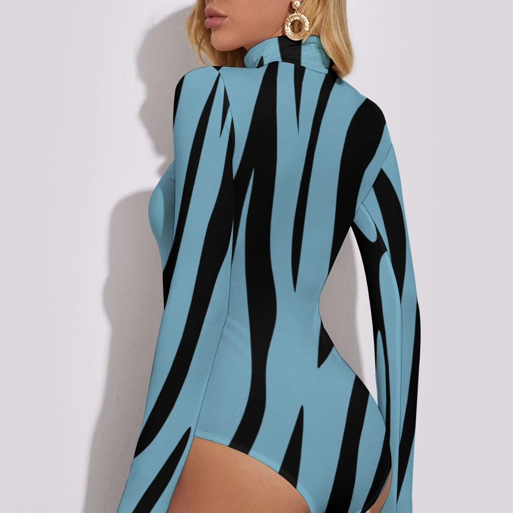 Women's Turtleneck Long Sleeve Bodysuit ZEBRA BLUE
