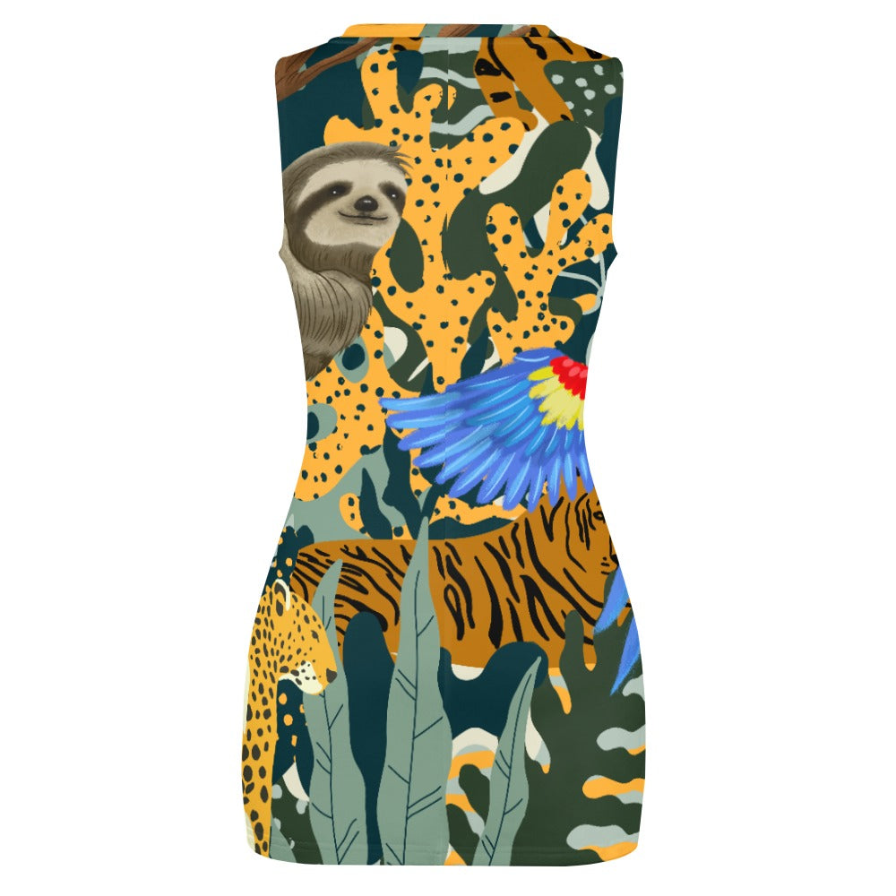 Into the Jungle. Tigers, parrots and a sloth. Navel-Baring Cross-Fit Hip Skirt