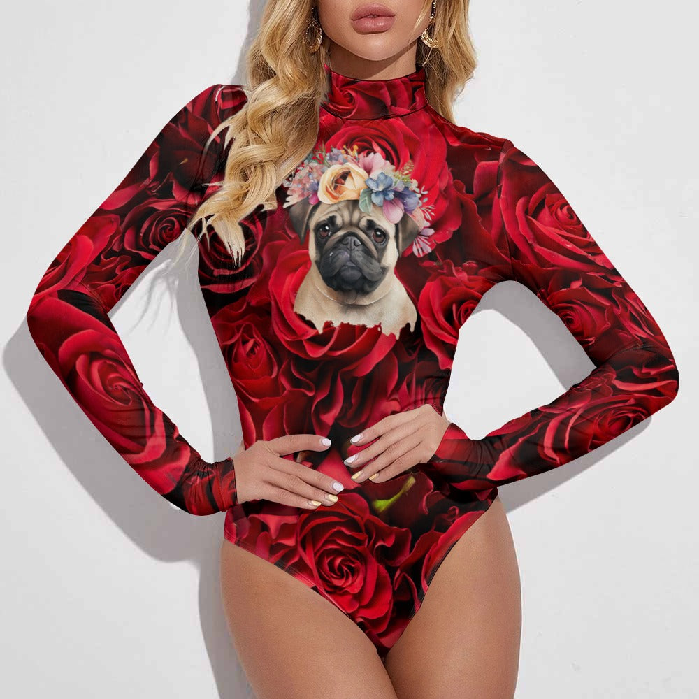 Women's Turtleneck Long Sleeve Bodysuit PUG OF ROSES