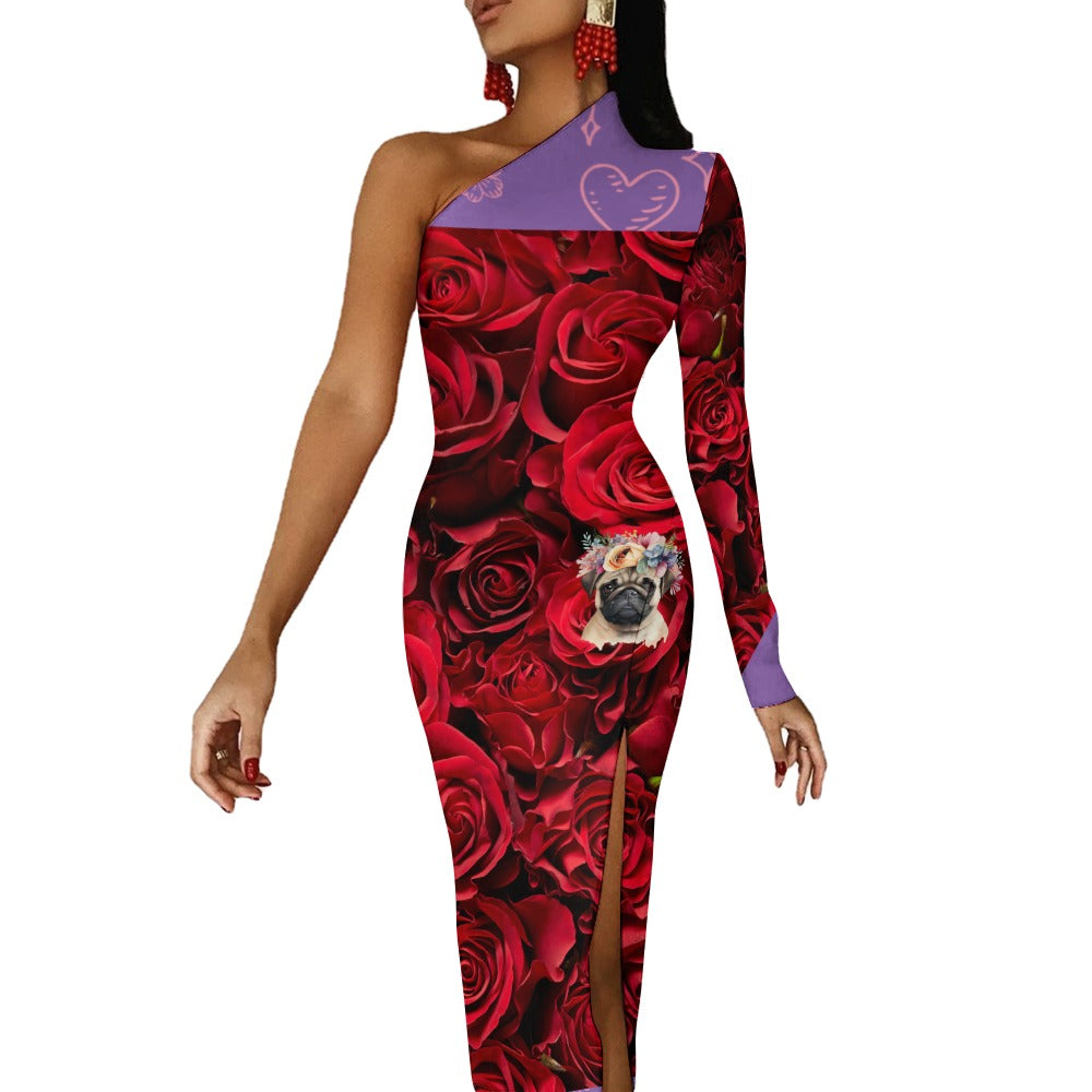 A PUG OF ROSES WITH PURPLE Half Sleeve Slit Dress