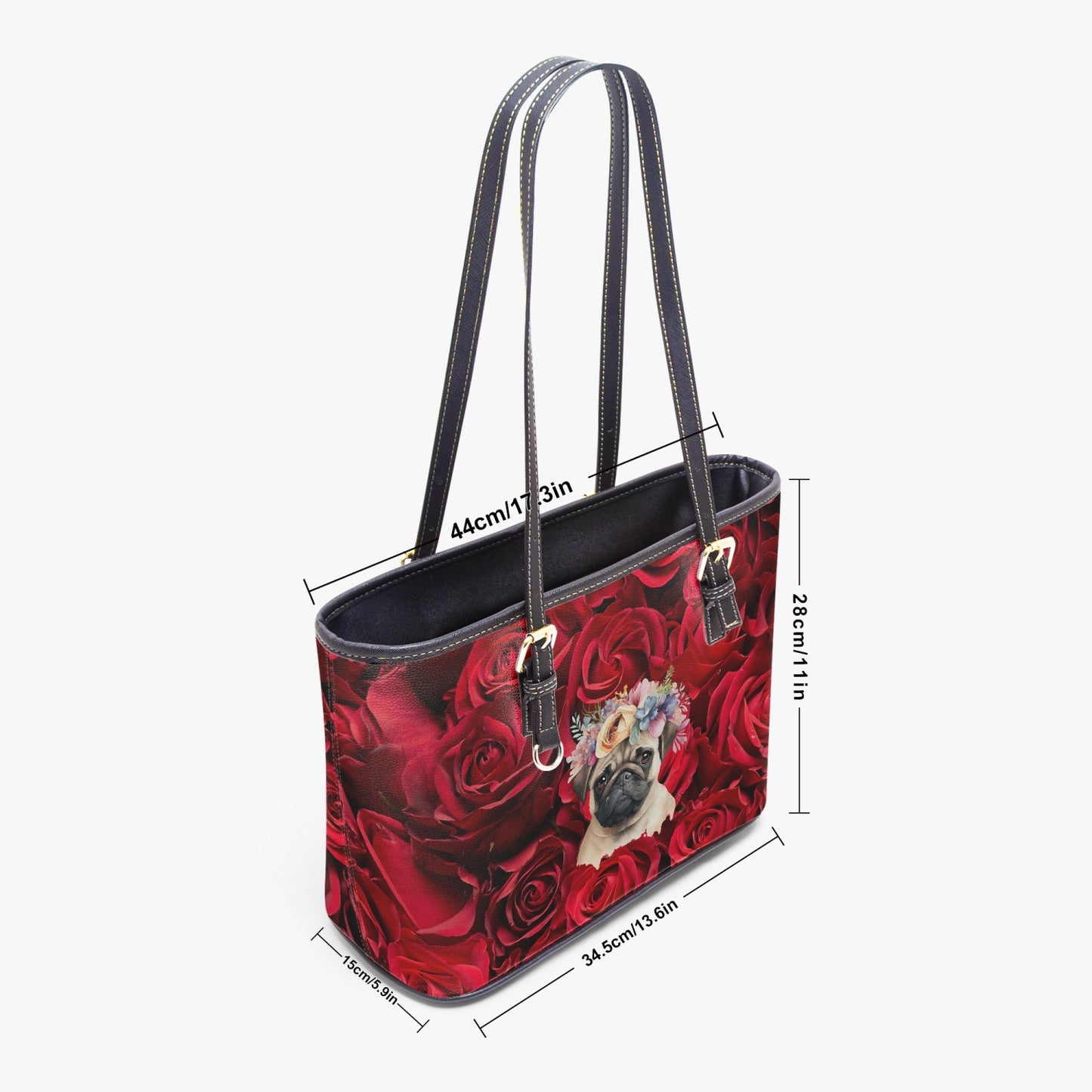 A PUG OF ROSES. Large Leather Tote Bag for Women