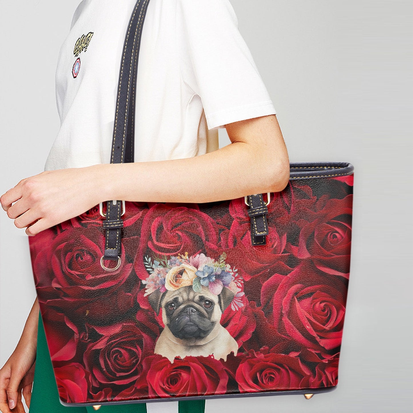 A PUG OF ROSES. Large Leather Tote Bag for Women