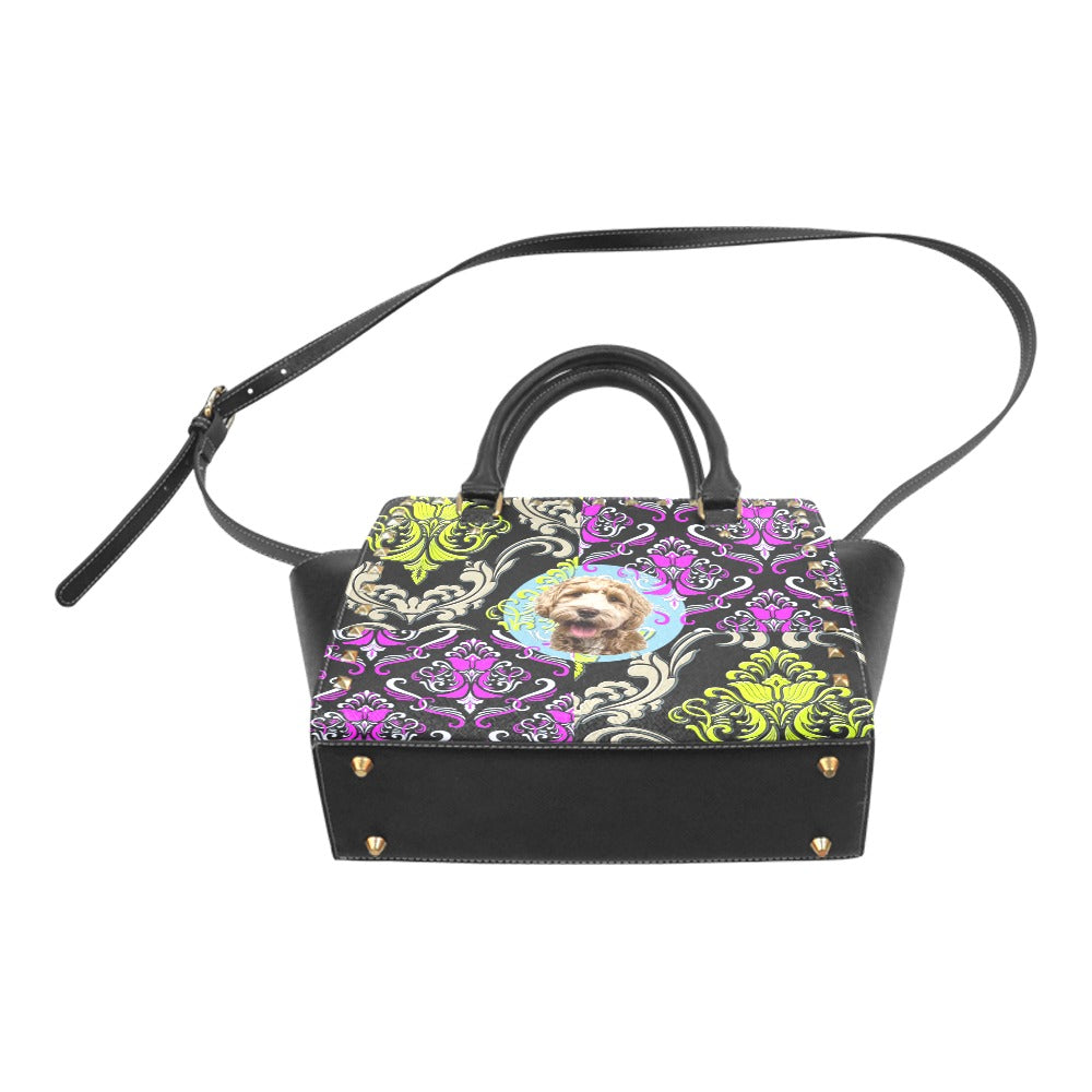 Vintage Chic: 'Petite Poodle' Bag with Colorful Floral Accents. Rivet Shoulder Handbag