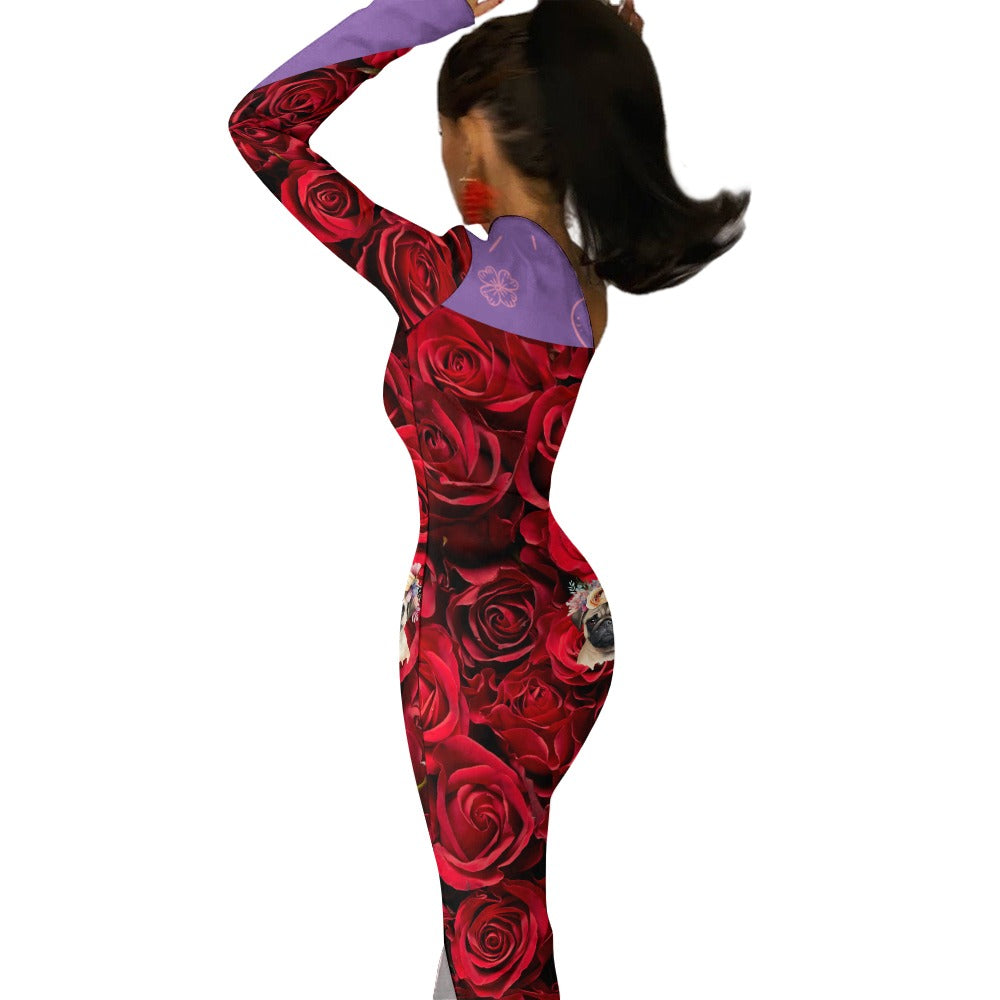A PUG OF ROSES WITH PURPLE Half Sleeve Slit Dress