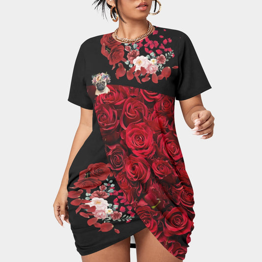 PUG IN ROSES // All-Over Print Women’s Stacked Hem Dress With Short Sleeve（Plus Size）