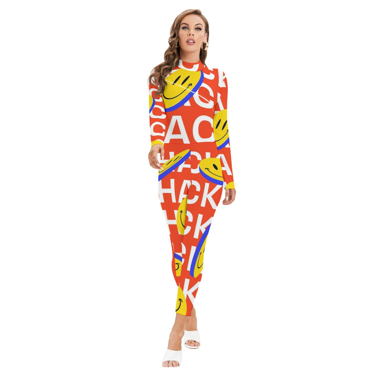 All-Over Print Women's Long-sleeved High-neck Jumpsuit With Zipper