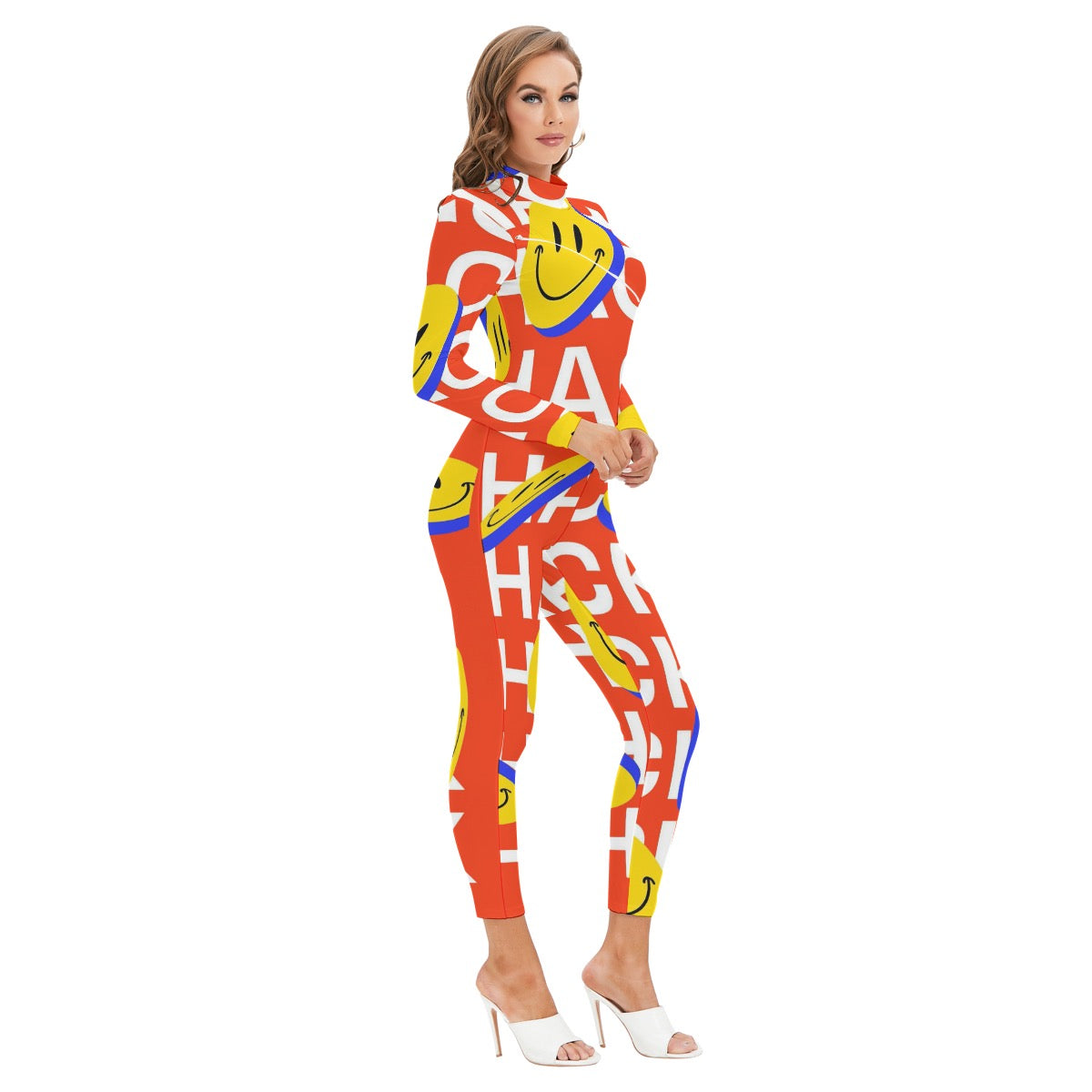 All-Over Print Women's Long-sleeved High-neck Jumpsuit With Zipper