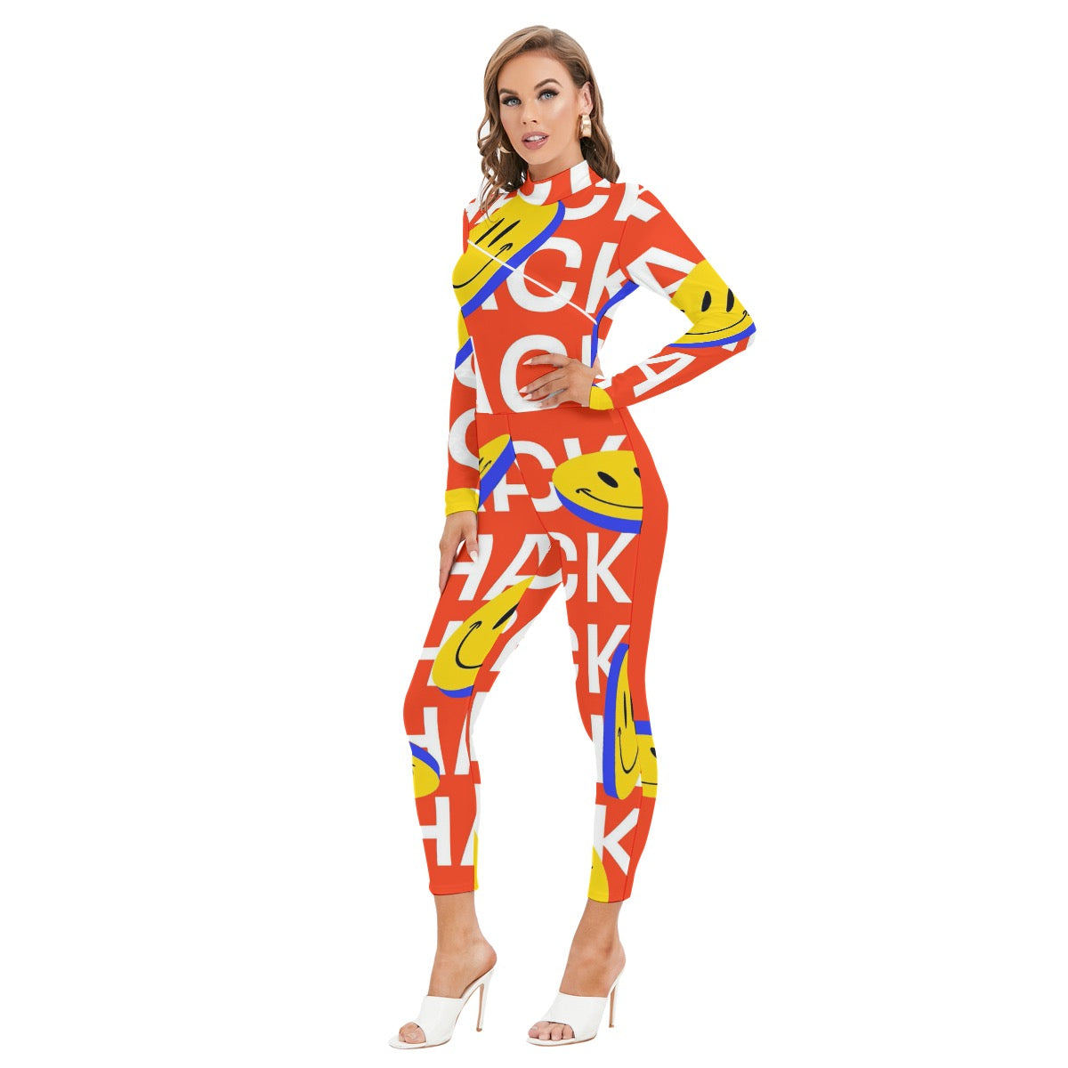 All-Over Print Women's Long-sleeved High-neck Jumpsuit With Zipper