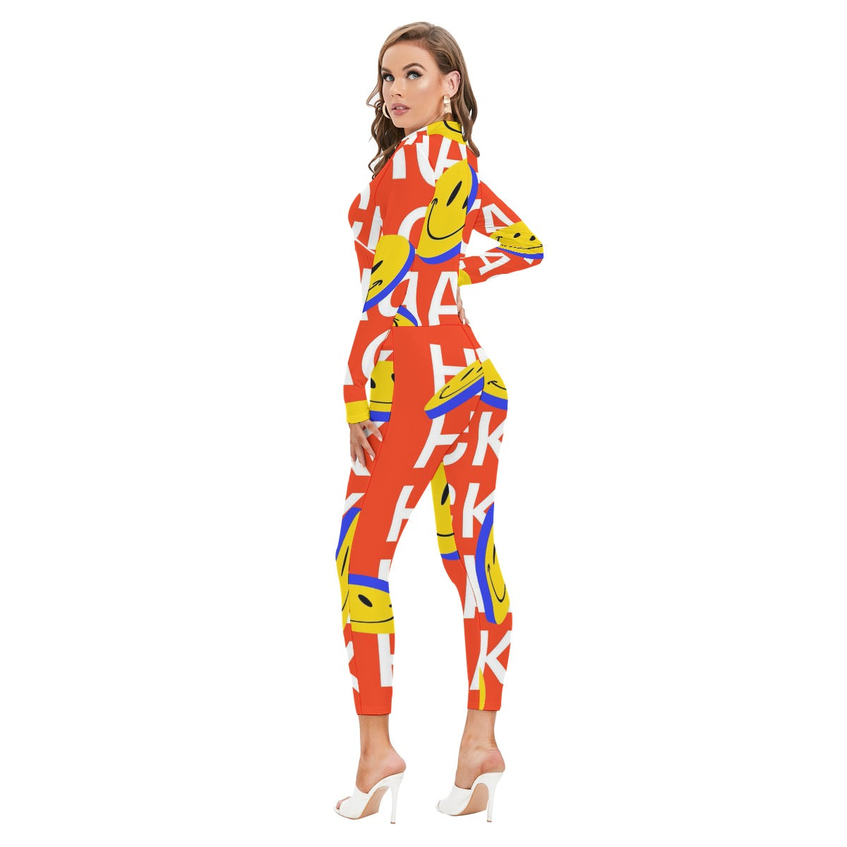 All-Over Print Women's Long-sleeved High-neck Jumpsuit With Zipper