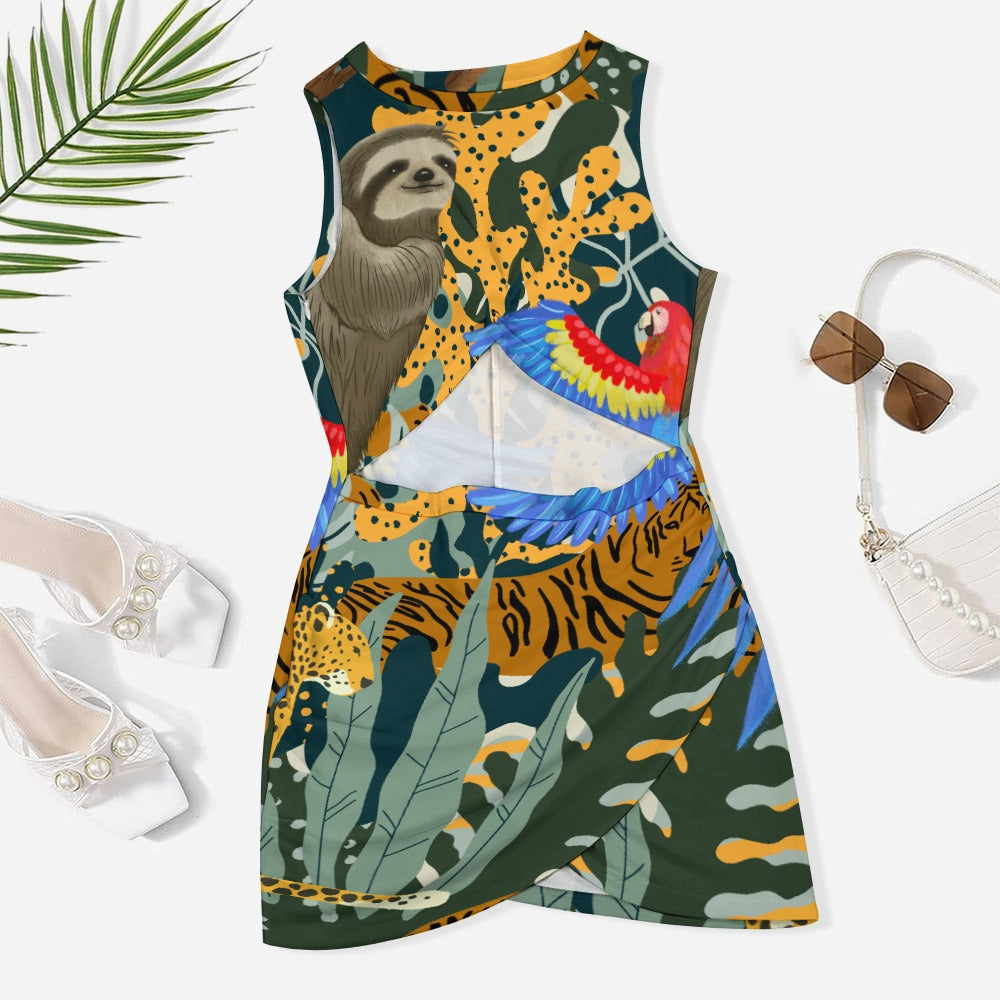 Into the Jungle. Tigers, parrots and a sloth. Navel-Baring Cross-Fit Hip Skirt