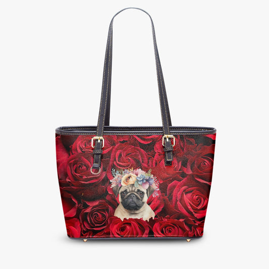 A PUG OF ROSES. Large Leather Tote Bag for Women