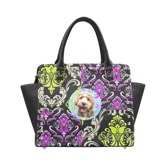 Vintage Chic: 'Petite Poodle' Bag with Colorful Floral Accents. Rivet Shoulder Handbag