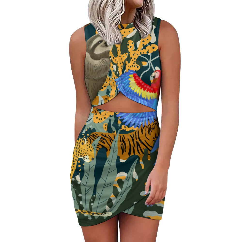 Into the Jungle. Tigers, parrots and a sloth. Navel-Baring Cross-Fit Hip Skirt