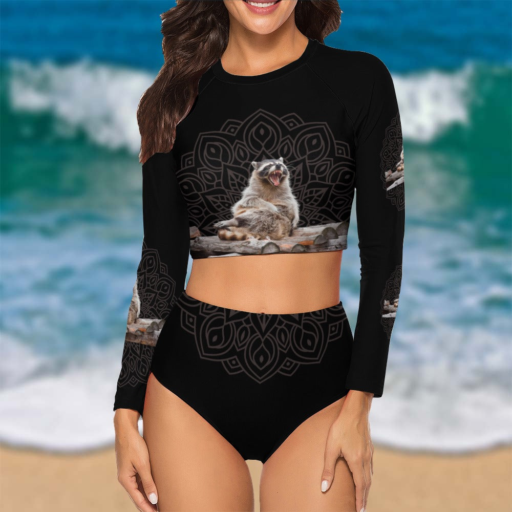 Racoon Long Sleeve Crew Neck Ladies Bikini Swimsuit