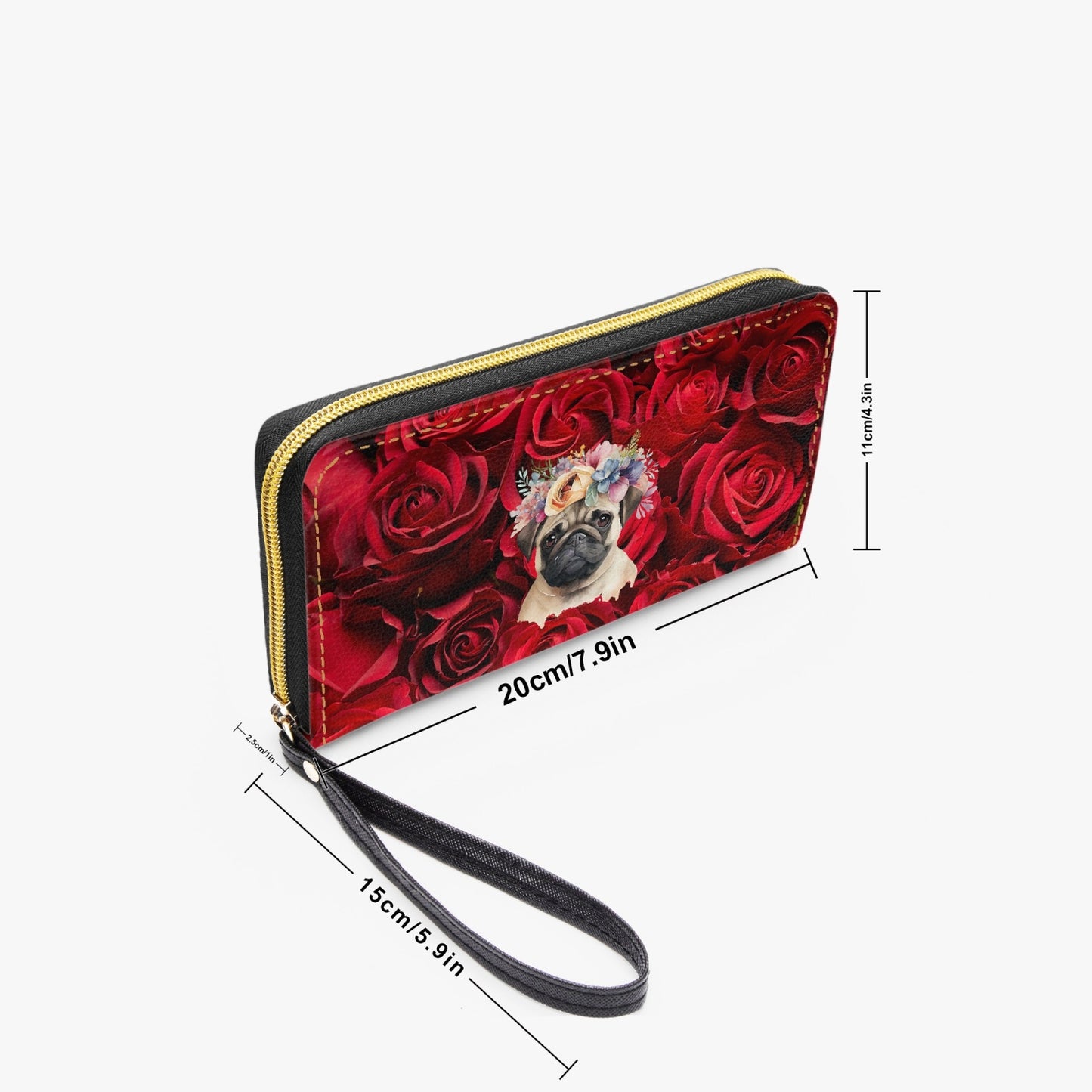 A PUG OF ROSES . PU Leather Wristlet Clutch Wallet